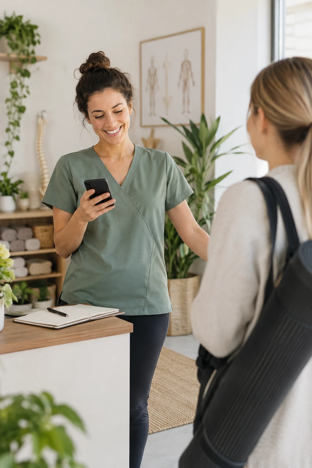 Profissional de bem-estar recebendo cliente e consultando agenda