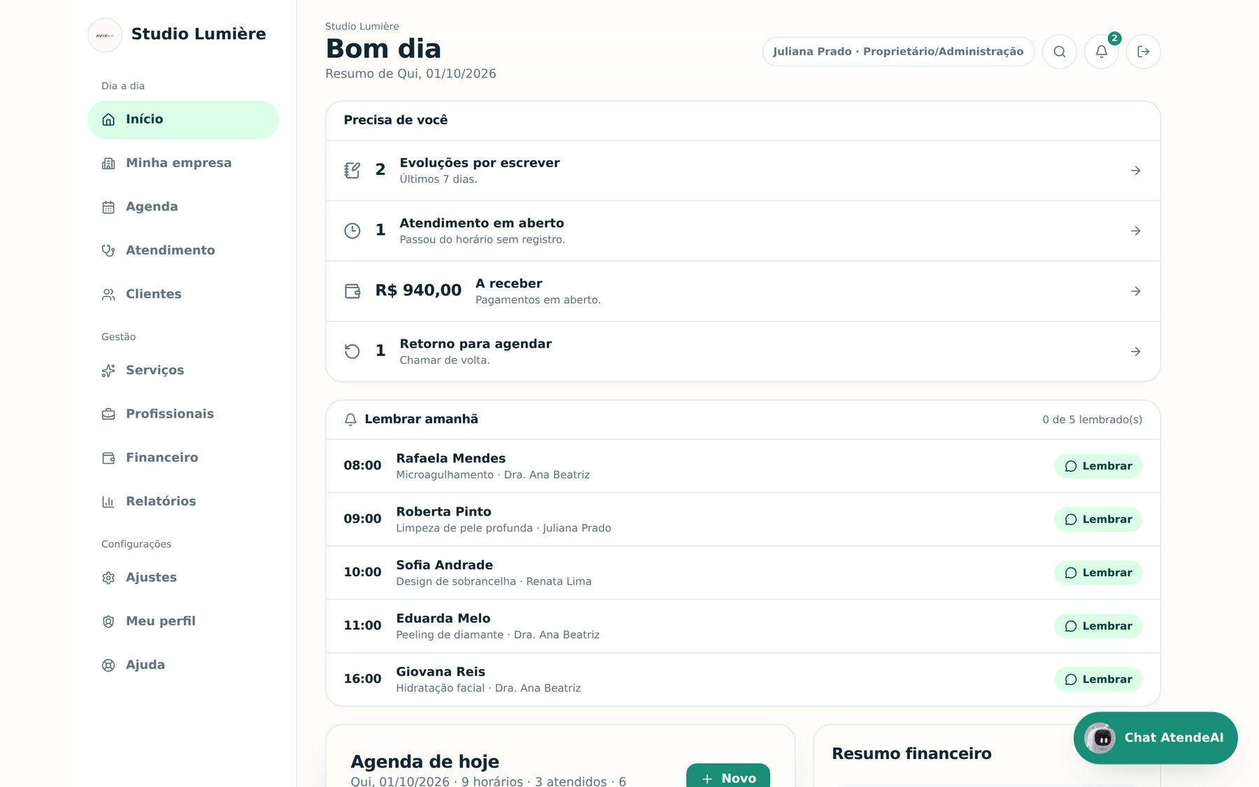 Painel real do AVIXAtende com agenda do dia, clientes e resumo financeiro