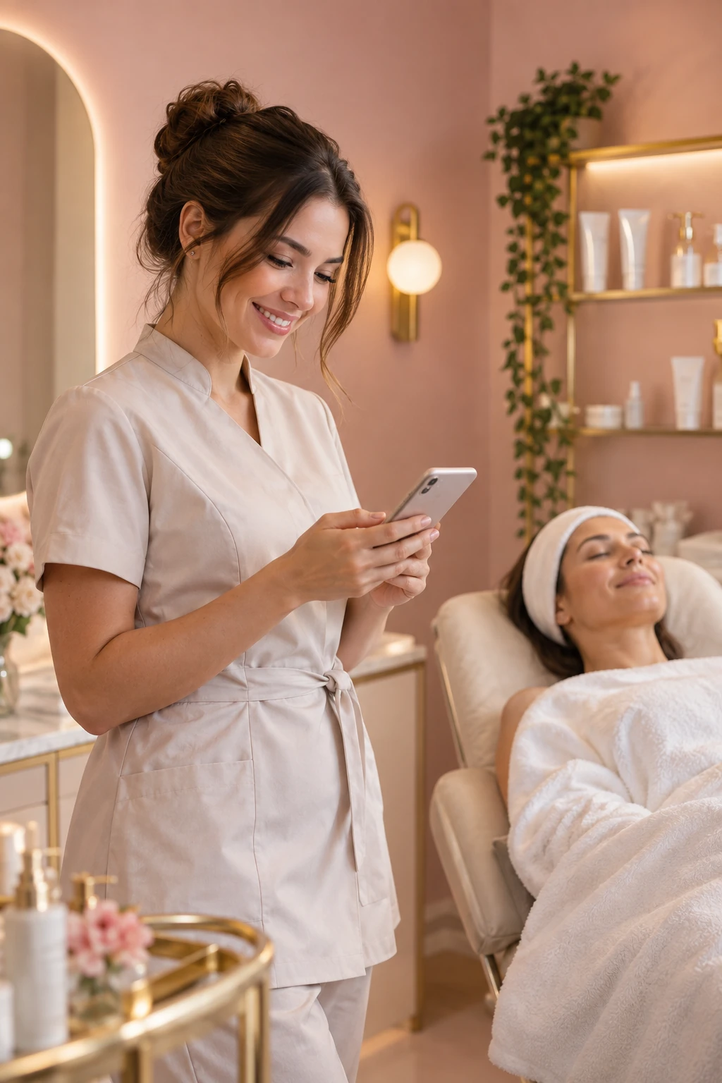 Profissional de estética usando celular em um estúdio organizado