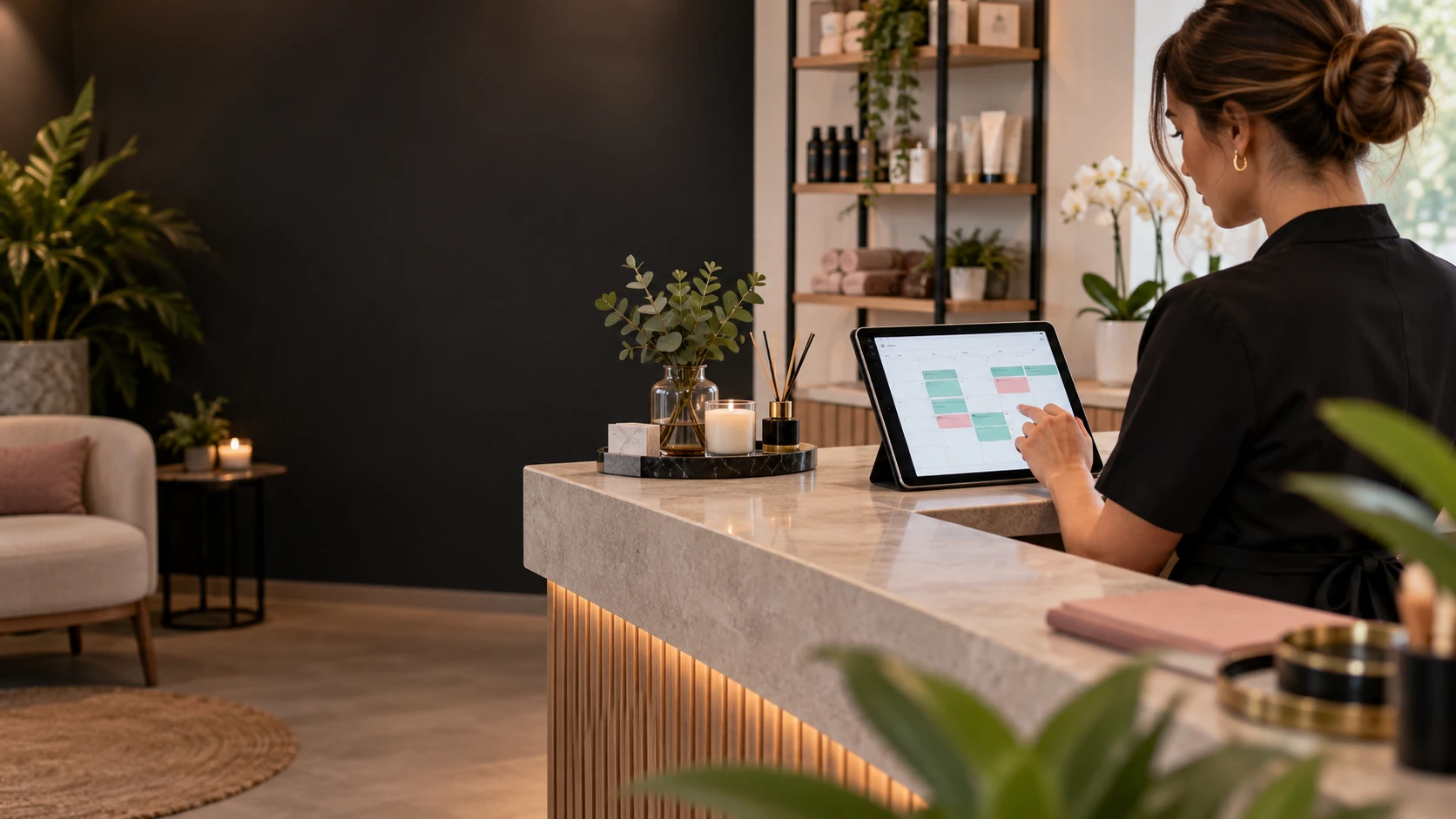 Recepcionista usando o AVIXAtende durante um atendimento